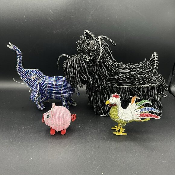 Beadworx By Grassroots Lot Of 4 Beaded Sculpture Dog Elephant Pig Rooster Farm - Picture 4 of 16